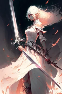 Warrior, wielding a long sword, in a white dress, white hair, short hair, cybernetic eyes, standing in mists, Female, dark art, Ivory Peach skin, cute