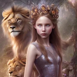 Young beautiful girl wearing floral crown and standing next to a stunning lion on nature forest path, Chronicles of Narnia, 8k resolution, high-quality, fine-detail, iridescent, intricate, digital art, detailed matte, volumetric lighting, beautiful, illustration, 3D octane render, brian froud, howard lyon, selina french, anna dittmann, annie stokes, lisa parker, greg rutowski,