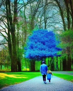 park mystical dream, park bench, man, woman, child, dog, pretty blue and purple trees, blue path, bird, jogger, sunshine, mystical, fantasy, romanticism, cinematic, cinematic lighting, award-winning, beautiful colors, daylight, daytime,