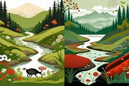 The image is divided vertically by a river, in which clocks flow instead of water. In the background are snow-covered mountains, on the left bank of the river an autumn forest with deciduous trees, and at the base of one of them a red mushroom with white spots. On the right bank of the river, a spring green meadow with wild flowers, butterflies fluttering, bunnies scurrying in sunshine. Watercolor on wet paper, soft strokes, shading pastel colors, reflection, mist, fog.