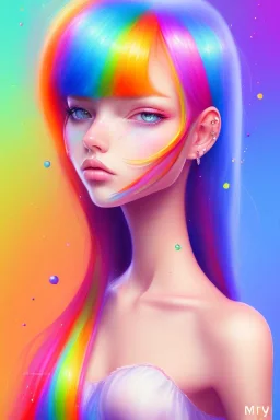 girl, cute, beautiful, long hair, rainbow hair, rainbow dress, close up portrait water colors