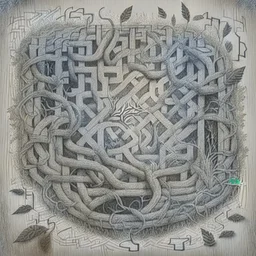 sketch A labyrinth with intertwined vines and a , add elements like weed,