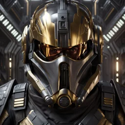 star wars bald male corellian pilot wearing pearlescent black and gunmetal grey First Order special forces heavy assault stealth commando armor and helmet with gold trim inside the jedi temple, hyperdetailed, dynamic lighting, hyperdetailed background, 8k resolution, volumetric lighting, light skin, fully symmetric details