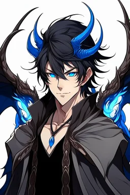 An anime adult male demon with dark, messy, black hair, black horns, and bright blue eyes, large dragon like wings