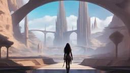 skinny sci-fi girl with long dark hair on an alien planet with tall spires, buildings, bridges, and arches