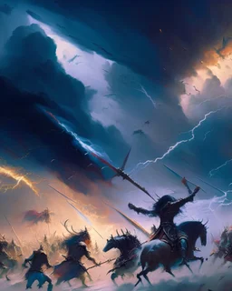 A breathtaking, cinematic painting of an epic battle scene between opposing armies, set against a dramatic, stormy sky, with powerful warriors, fearsome mythical creatures, and a sense of chaos and intensity in every brushstroke.