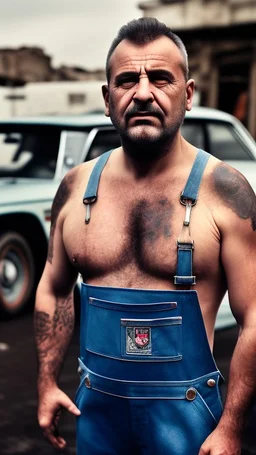 close up photography of a strong serious 50 years old chubby italian car mechanics man in dirty overalls and tank top, repairing a car, stand up near a car, tattoo, bulge, short beard, in a dirty street, dirty and ugly, bullneck, manly chest, in tank top, emotive eyes, sunlight, photorealism , ultra defined , photorealistic