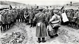 an man in a dark european, hungarian postman's uniform standing with his back to the camera with a large postman's bag on his left shoulder, he is only half visible from the european-hungarian villagers gathered around him, surrounded by men and women in vintage poor cloths. Some villagers are holding letters in their hands, sad and crying faces, a little boy staring at the postman, a crying little girl clinging to her mother's skirt, two women crying , high realistic, perfect photo