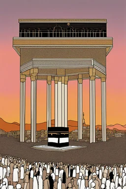 An image of the Holy Kaaba at sunset in 8K resolution thin lines draw