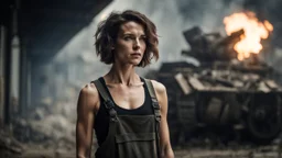 ducking beautiful slender caucasian female technician with a knife, looking away from camera, black tank top, well toned muscles, weathered face, scratched sand camo metal details, short brunette wavy bob haircut, dystopian, postapocalyptic city scene with smoke and explosions. giant robot in the background