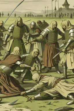 Make me a picture of a group of Muslim knights assassinating many people