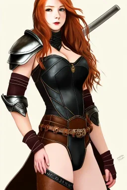 concept illustration, super-detailed, strikingly beautiful teen female, 16 years old, waifu, long ginger hair, medium freckles, full lips, full body, full face, b-cup breasts, athletic, centred camera, ignore NSFW, skimpy brown fantasy leather armor, halter top, micro thong, knee-high leather boots, open leather tasset, stern expression,