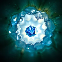 Hyper-detailed macro shot of translucent organic membrane pierced by sapphire crystals, with ethereal inner light glowing through crystal core, prismatic dispersion inside facets, soft volumetric backlight creating internal energy depth, polarized macro studio lighting, ultra photorealistic, 8k