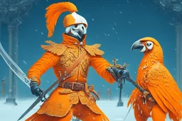 half parrot half human in a orange Dutch uniform with a katana having a sword fight in snow against a half human half skeleton