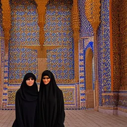 high-quality, award-winning photograph of women in burkas standing in front of intricate, ornate, fine-detailed, stunning mosque, mosaic walls, clear sky, flowing burkas, volumetric lighting, 8k resolution, high-quality, Moe Zoyari, Marc Adamus, Ann Prochilo, Romain Veillon, intricate, digital art, national geographic photo, xf iq4 150mp camera system, : brian froud, howard lyon, selina french, anna dittmann, annie stokes, lisa parker, greg rutowski, alphonse mucha