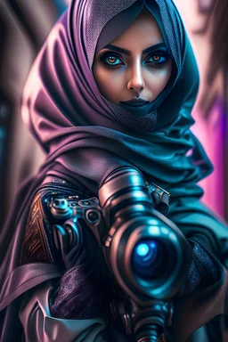 Ultra realistic photo beautiful cyberpunk fantasy woman hijaber, futuristic style, HOF, captured with professional DSLR camera, 64k, ultra detailed, fhoto full body angle Raw.