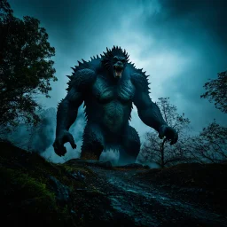 The atmosphere is eerie, suffocating, and raw, with the feeling that the camera operator is witnessing something forbidden and legendary — a colossal being that has been hiding for ages, suddenly revealed. The image must feel authentic and unpolished — like amateur footage captured in real time. Prioritize pixelation, color noise, digital compression artifacts, motion blur, and the unsettling atmosphere of being near a gigantic shadow-creature. Do not stylize or modernize.