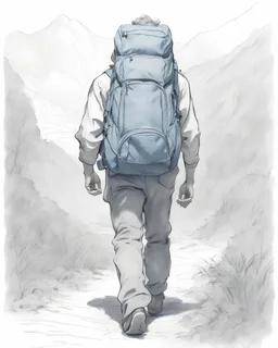 Drawing of a traveler man with backpack walking towards a bigglobe, drawing with a blue ink pen Inspired by the works of Daniel F. Gerhartz, with a fine art aesthetic and a highly detailed, realistic style