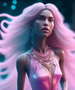 A portrait of a crystalised nude goddess, atmospheric, realistic, unreal engine, cinematic lighting, octane render, transorent, pink turquoise light