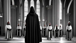 Black robed, hooded monks in the church