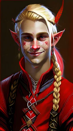 A young elf with blond hair in a single braid and a smirk. He is dressed in an artist's costume mixing red and black as the main color.