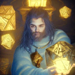 Insanly detailed portrait of a "Dungons and dragons, twilight cleric", holding aloft a glowing D20,bluish gold light emanating from D20, hyperrealism,unreal engine,cinamatic lighting,post processing