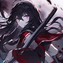 Clear focus, High resolution, rough line sketch art, long black hair, hair between eyes, fluffy hair, purple eyes, wearing a black and red sailor uniform, dark aura, mad, holding katana, bloody mess