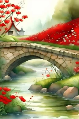 VISTA LATERAL DE UN PUENTE SOBRE UN ARROYO, FLORES ROJAS EN LA ORILLA, FANTASÍA MEDIEVAL, ALTO NIVEL DE DETALLES, DIBUJO EN ACUARELAS