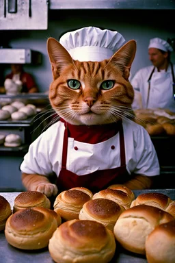 Portrait photo of an anthropomorphic baker cat at a bakery baking rustical bread, Fuji Velvia 50 film 4 HD