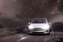 A Tesla 'Model S' is drifting at high speeds, within the trench of the Death Star. (CINEMATIC, WIDE ANGLE LENS, PHOTO REAL)