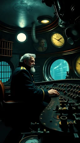 Captain Nemo sitting in a dark submarine control room , inside the submarine room that is filled with cages and buttons and valve on the control dashboard paint it in the baroque style,