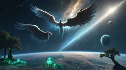 matrix universe, space, planets, god creation, angels from other dimensions with beautiful wings, trees on the planet, behind green crystals of light, few tiberium monolith deposits on the planet near tree,