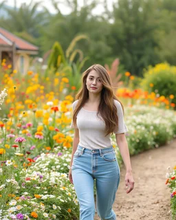 create a video , in a pretty nature of conuntry side a big mas of ramdom pretty flowers fall down and a beautiful lady in modern clothing comes out and walks with cute in the flowers garden