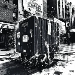 dirty back streetsbright ghettoblaster abstract particles waves length sonic capacity black and white cube