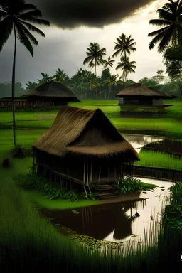 rumah Panggung Sunda Jawa Barat Indonesia di dekat sawah dan hutan