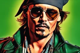 Close Up, Full Color Painting Of Johnny Depp, Sunglasses, green Wall Background, Insane Details, Intricate Details, Hyperdetailed, Low Contrast, Soft Cinematic Light, Dim Colors, Exposure Blend, Hdr, Front