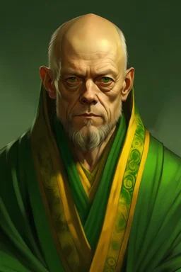 portrait of a middle-aged human monk in green and gold robes that looks like he could be related to Willie Nelson