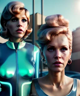 Ultra Realistic retro sci-fi movie Supermarket parking scene, 1960 year, waist up view portrait, 2 giant blonde women, sweet teenager Jane Fonda face, perfect iris, glow eyes, face makeup, tight latex coat, many people, Retro sci-fi style, soft color, highly detailed, unreal engine 5, ray tracing, RTX, lumen lighting, ultra detail, volumetric lighting, 3d, finely drawn, high definition, high resolution.