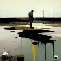 Minimal contemporary abstract oil paintings of desolate 1960s carpark with road markings and concrete fragments. Overlay with grungy typography graphics. style of Justin Mortimer and Francis Bacon.