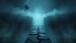 passage over nothingness, surreal, dark and cold abstract artwork dominated by deep blue, icy cyan, charcoal black and muted steel-grey tones. An narrow passageway emerges from an abstract distorted weird landscape, surrounded by thick fog and drifting mist. The space feels nightmare, alien and unsettling, with floating circle and line geometric forms, black onix column fragmented and unnatural perspectives. At the center of the composition cracked stone way over abyss
