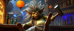 hårete gremlin slug bartender med vind i håret på fest med stor slegge aker ned sklie malt av Rembrandt