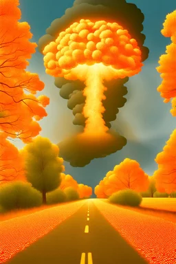 foreground with many falling leaves, behind is a nuclear explosion's mushroom cloud that looks more like a tree in fall, with explosion radiating outward, many leaves falling in foreground, ground is dirt and scorched with a road coming down the middle towards viewer, angelic fantastic lighting
