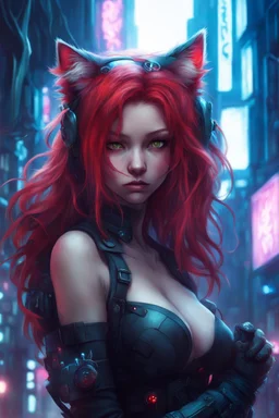 CAT GIRL, FANTASY, VINES, SOULLESS, FLUFFY TAIL, RED HAIR, CYBERPUNK