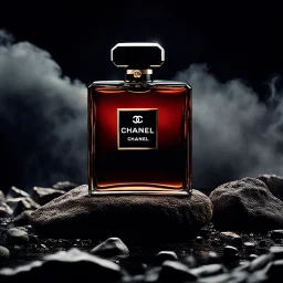 social media ad post for Chanel brand royal perfume .steam in the background. dramatic on rock c,8k high cualitcy