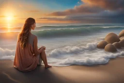 A woman is sitting on the beach near the ocean, with the waves soothing backdrop, peaceful and relaxing atmosphere, sunset, detalied, high textures, photorealistic