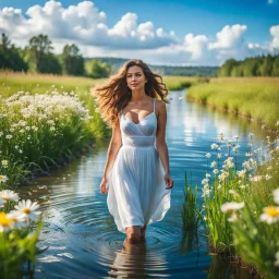 upper body closeup of very beautiful girl walks in water in country sidewild flowers , curvy hair ,next to small clean water river,pretty clouds in blue sky