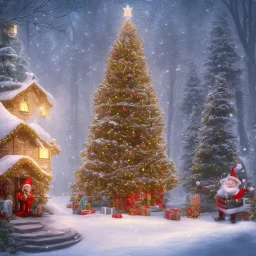 foto realistic winter house with a illuminated christmas tree and santa claus bringing presents in the night