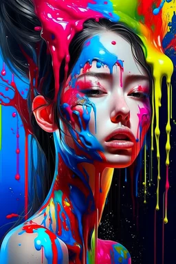 3D digital painting, surreal paint pour hair, Paint dripping on her face by addie digi, 8k, beautiful Asian, liquid mercury, ralph steadman, pino daeni, very cute, abstract, steampunk, sensual, whimsical, colorful, opp art for a fashion magazine, 4k, background twisted paint in a stunning way, hypnotic feeling, trending on artstation, sleek porcelain head, pristine skin, line sleek, make up, style igor morski" extremely detailed 8k 4k hyperrealistic 4K 3D crisp quality