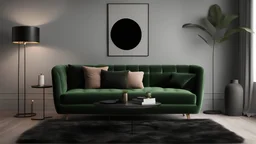 Black interior with green velour sofa, table, fur carpet and decor. 3d render illustration mock up.