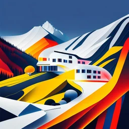 Ilustración minimalista de una casa campestre estilo Zaha Hadid en las montañas arte nouveau neón lineal color negro blanco amarillo rojo y azul calidad ultra fondo ciudad vista aérea